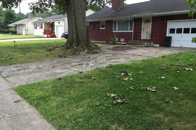 Concrete path running beside a lawn in front of a brick house